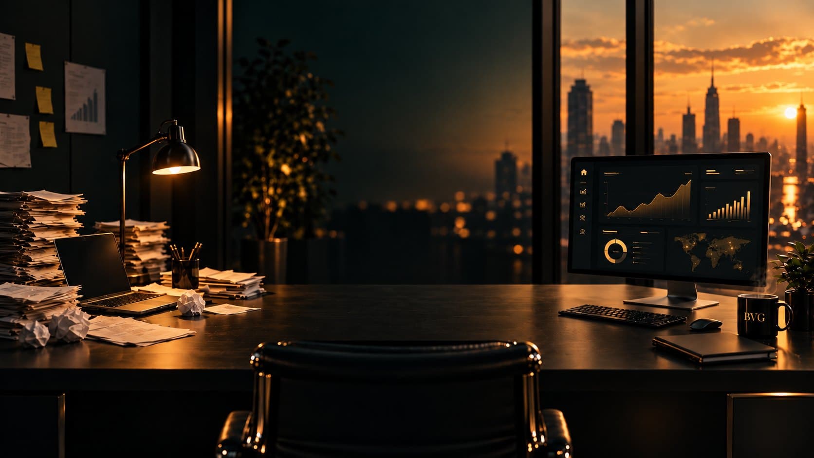 A dark executive desk at sunset: on the left, stacks of paper and crumpled notes under a desk lamp; on the right, a clean desk with a single glowing dashboard in front of a city skyline.