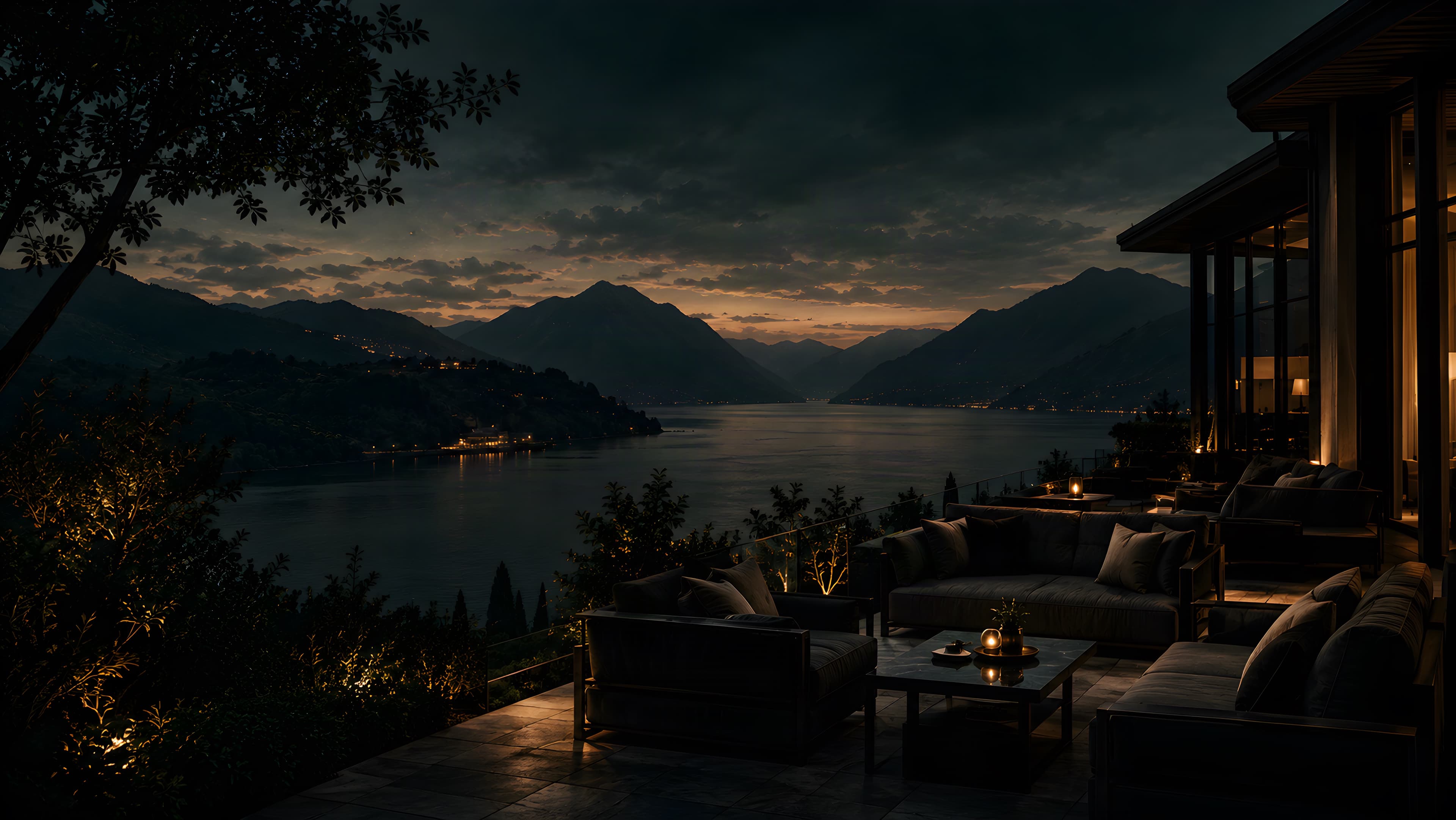 Atmospheric dusk view over a lakeside terrace with warm ambient lighting