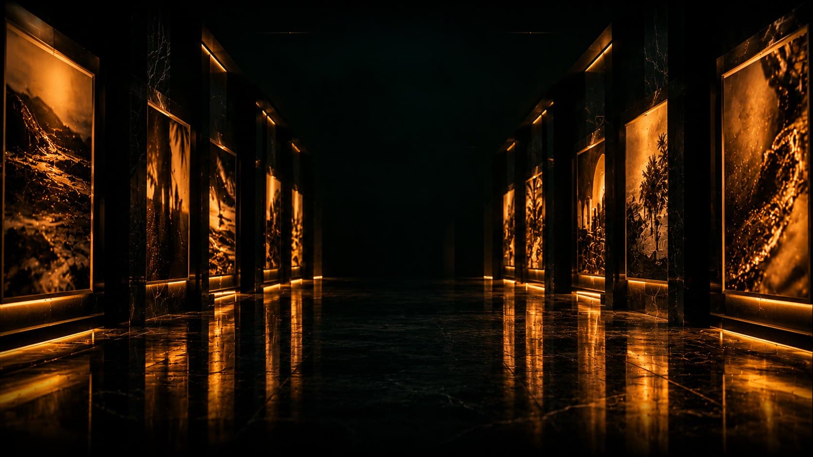 A dark marble gallery corridor lined with large warmly lit photographs, gold light strips along the floor reflecting on the polished stone.